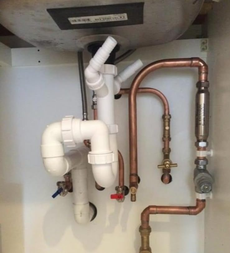 Under-sink copper supply pipework and white waste trap